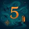 Illustration symbolique du chiffre 5 en numérologie, représentant le mouvement, la liberté et l’aventure spirituelle avec une porte ouverte et des oiseaux en vol.