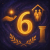 Illustration du chiffre 6 en numérologie, symbolisant la famille, l'équilibre, la responsabilité et l'amour dans un univers étoilé.