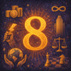 Illustration symbolique du chiffre 8 en numérologie, représentant l'équilibre entre ambition, pouvoir et spiritualité